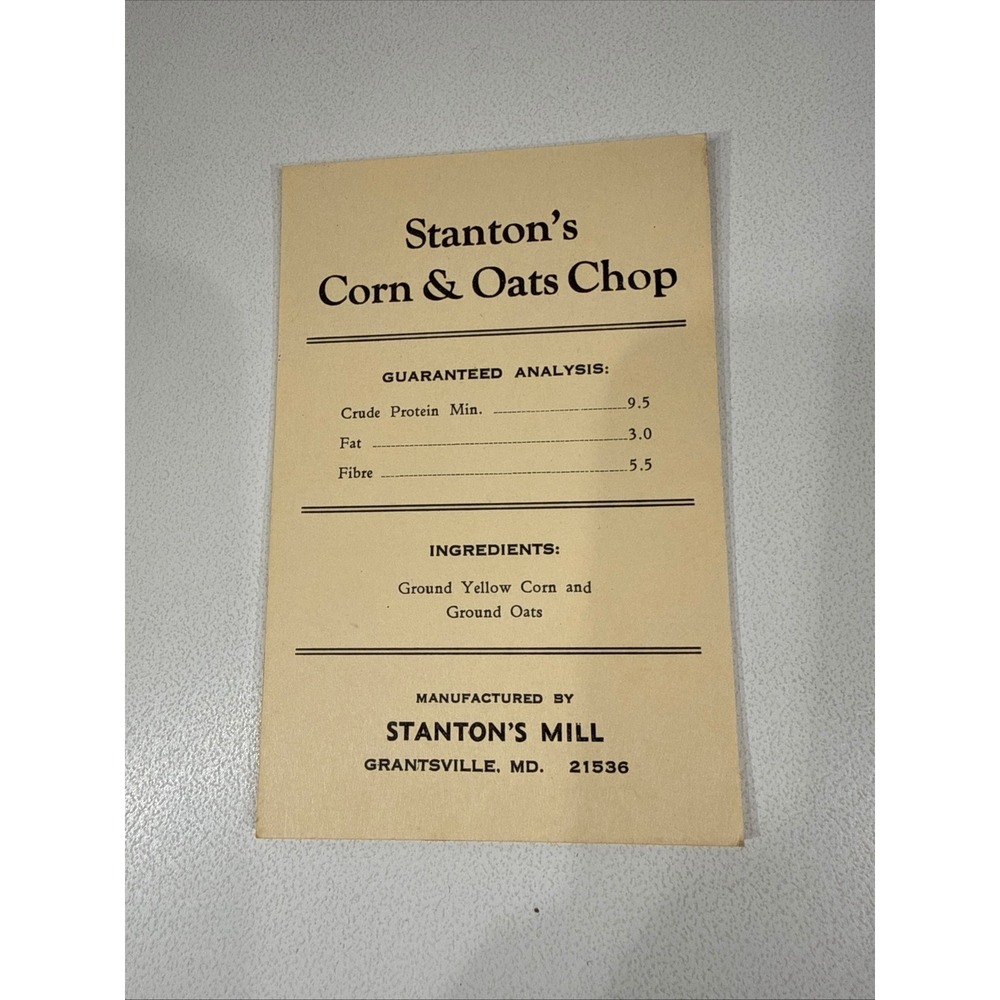 Vintage Stanton's Mill Feed Tags Corn & Oats Chop Grantsville MD Set of 4